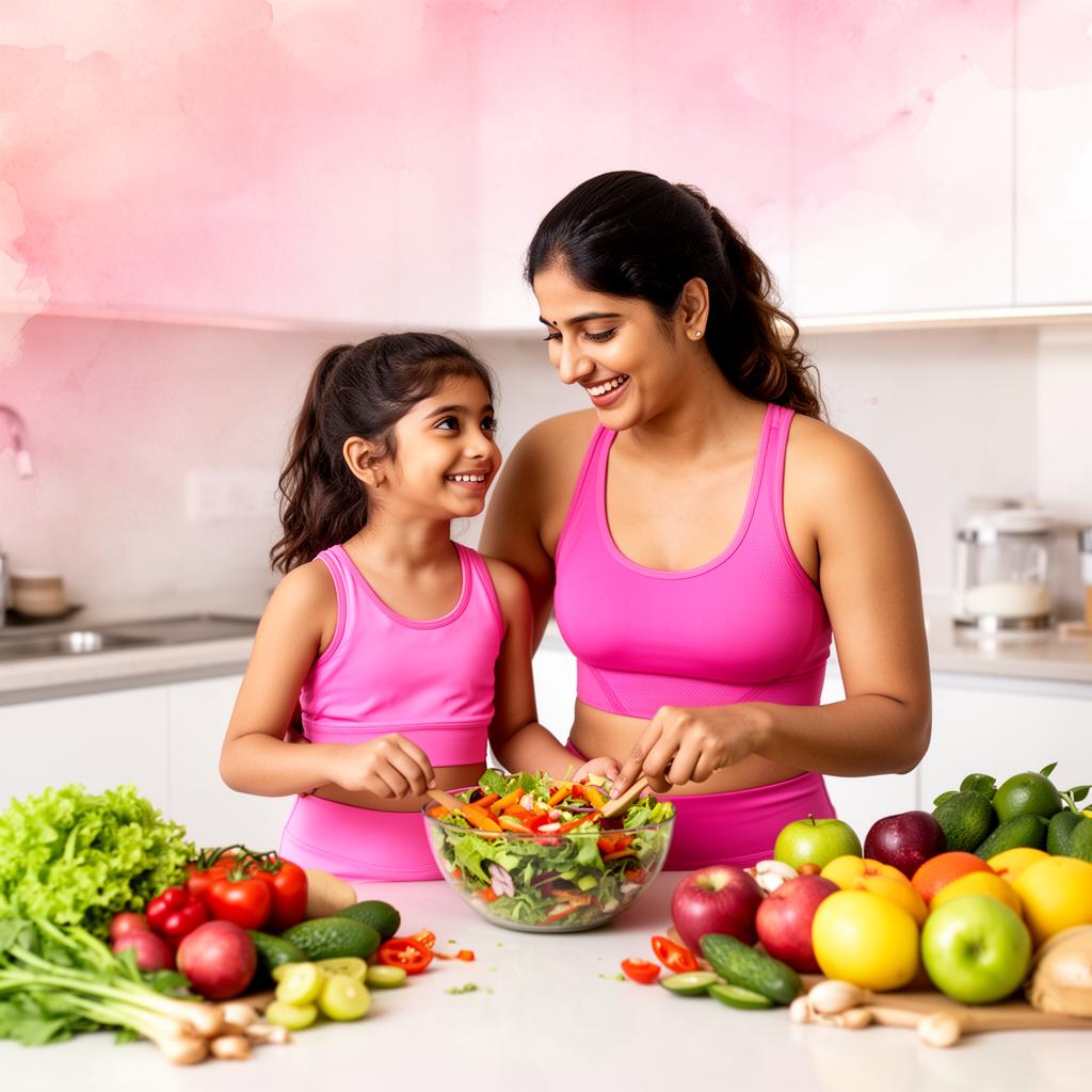 Healthy mom and daughter preparing a fresh salad together